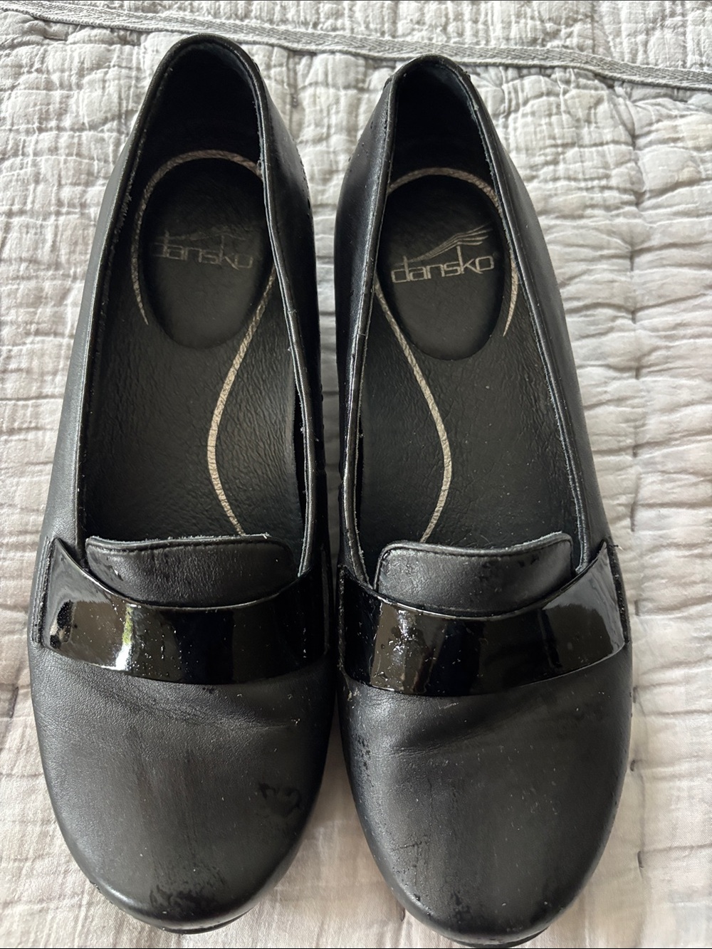 Dansko Black Leather Flats with Patent Strap